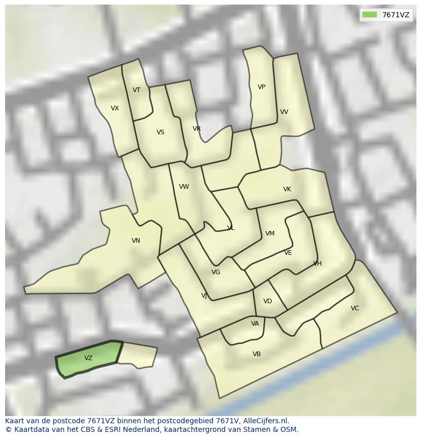 Afbeelding van het postcodegebied 7671 VZ op de kaart.
