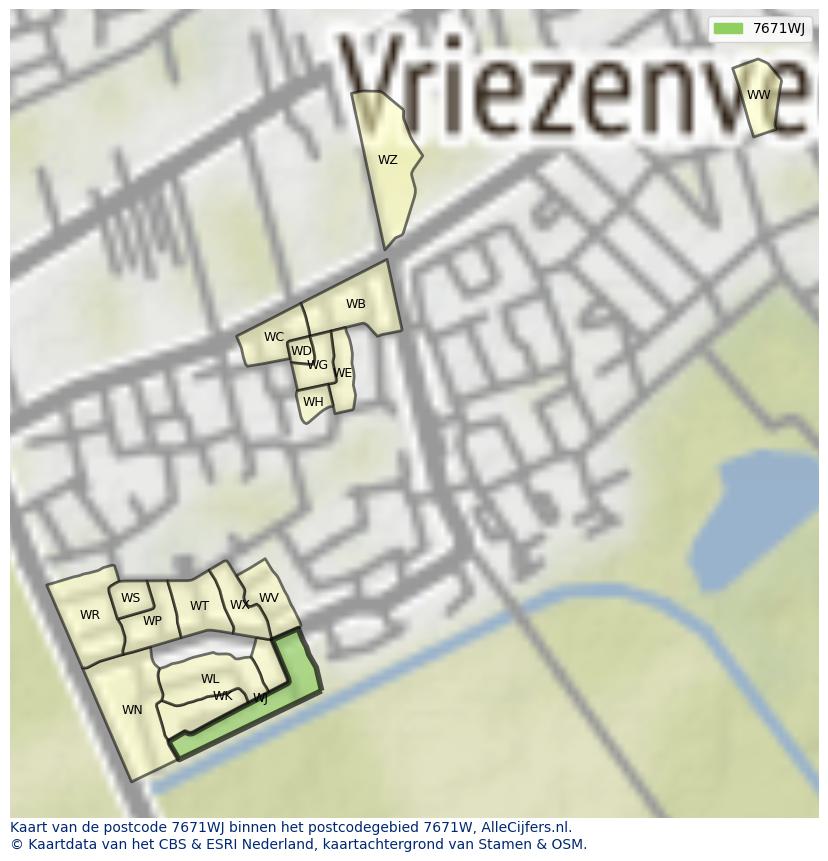 Afbeelding van het postcodegebied 7671 WJ op de kaart.