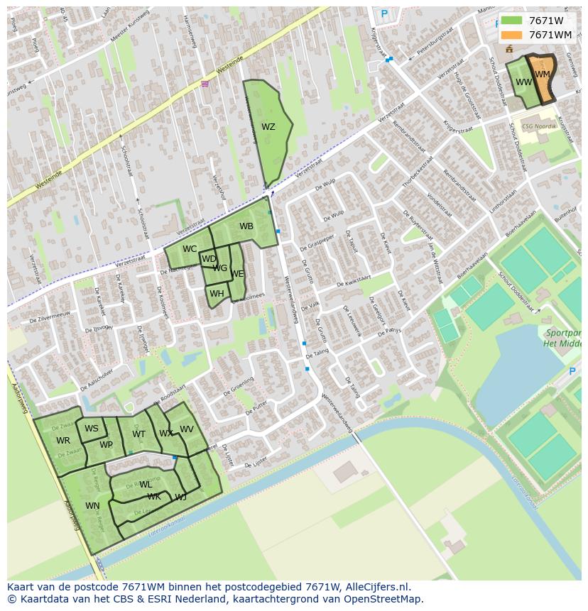 Afbeelding van het postcodegebied 7671 WM op de kaart.
