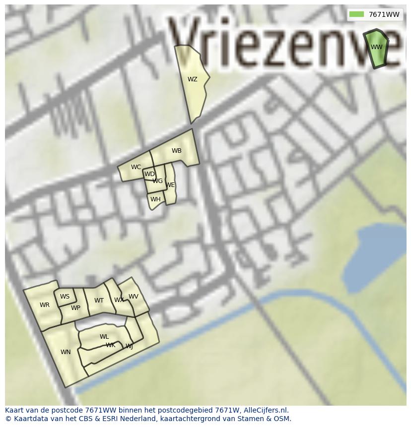 Afbeelding van het postcodegebied 7671 WW op de kaart.
