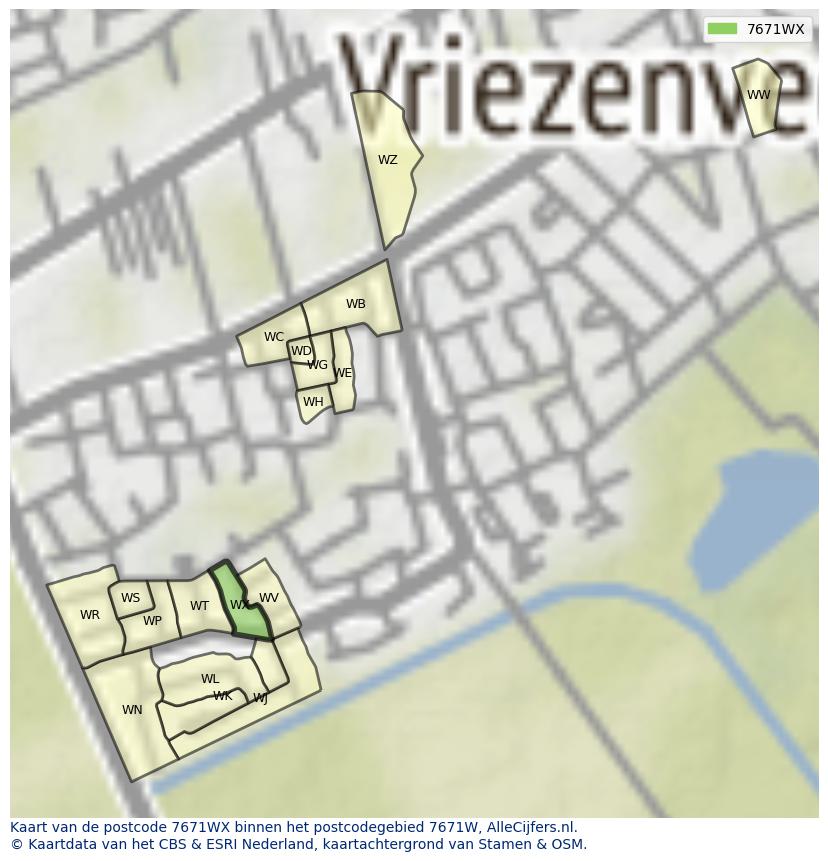 Afbeelding van het postcodegebied 7671 WX op de kaart.