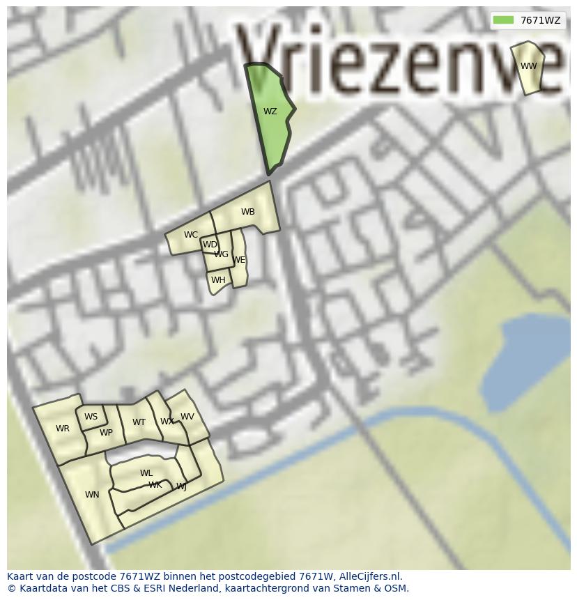 Afbeelding van het postcodegebied 7671 WZ op de kaart.