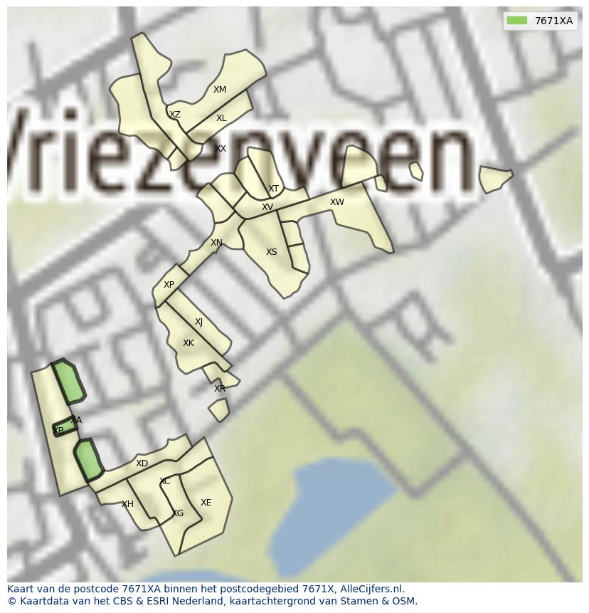 Afbeelding van het postcodegebied 7671 XA op de kaart.