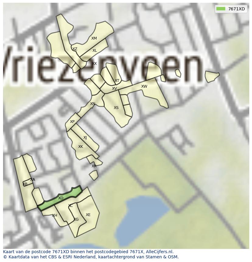 Afbeelding van het postcodegebied 7671 XD op de kaart.