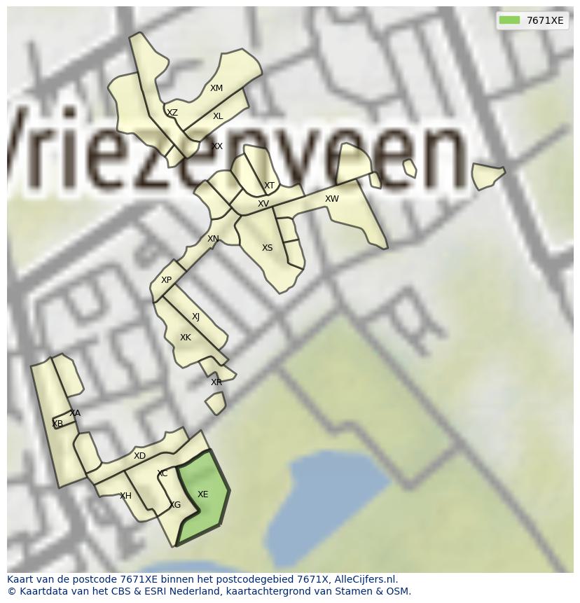 Afbeelding van het postcodegebied 7671 XE op de kaart.