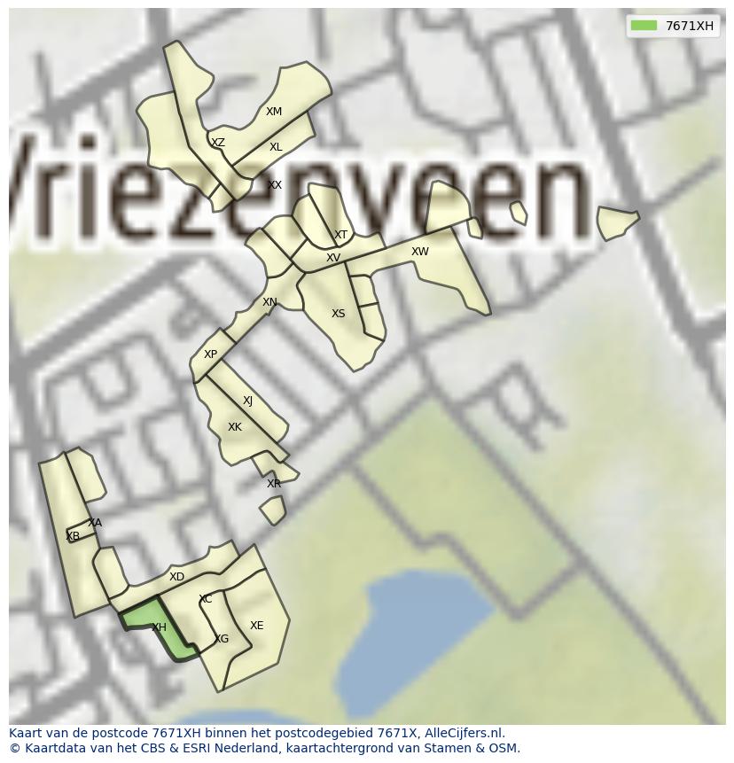 Afbeelding van het postcodegebied 7671 XH op de kaart.