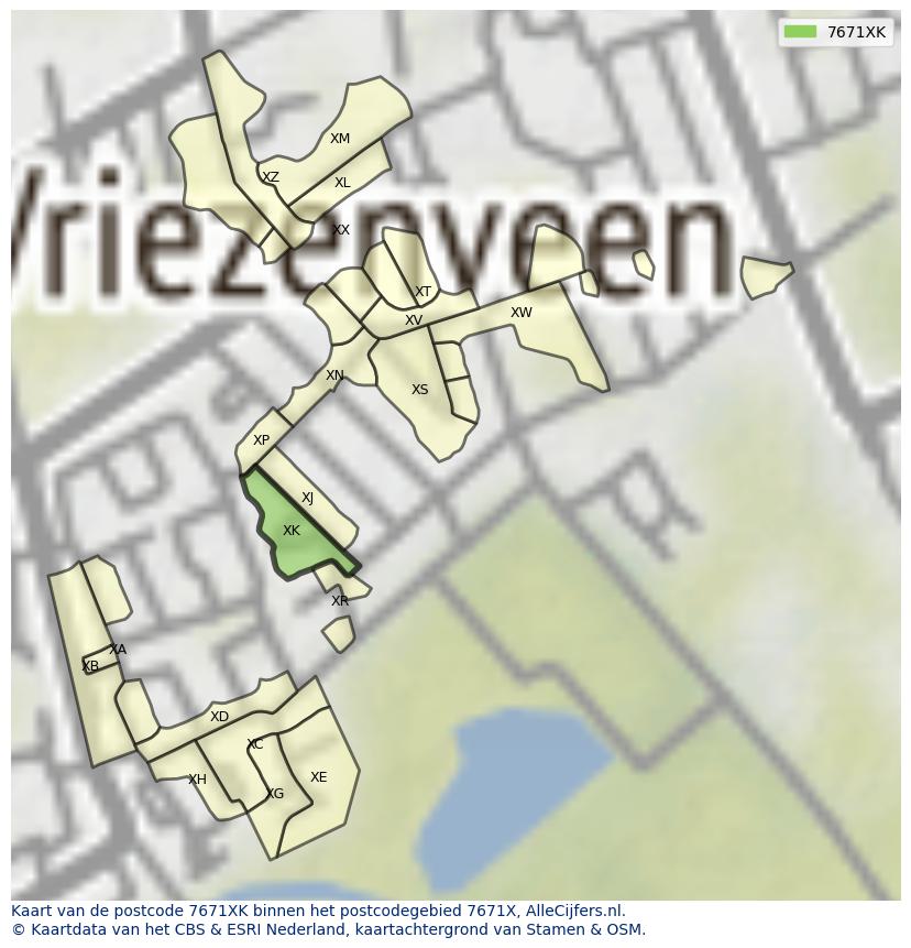 Afbeelding van het postcodegebied 7671 XK op de kaart.