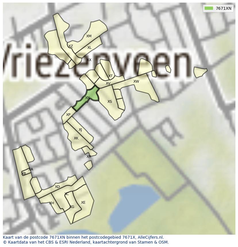 Afbeelding van het postcodegebied 7671 XN op de kaart.