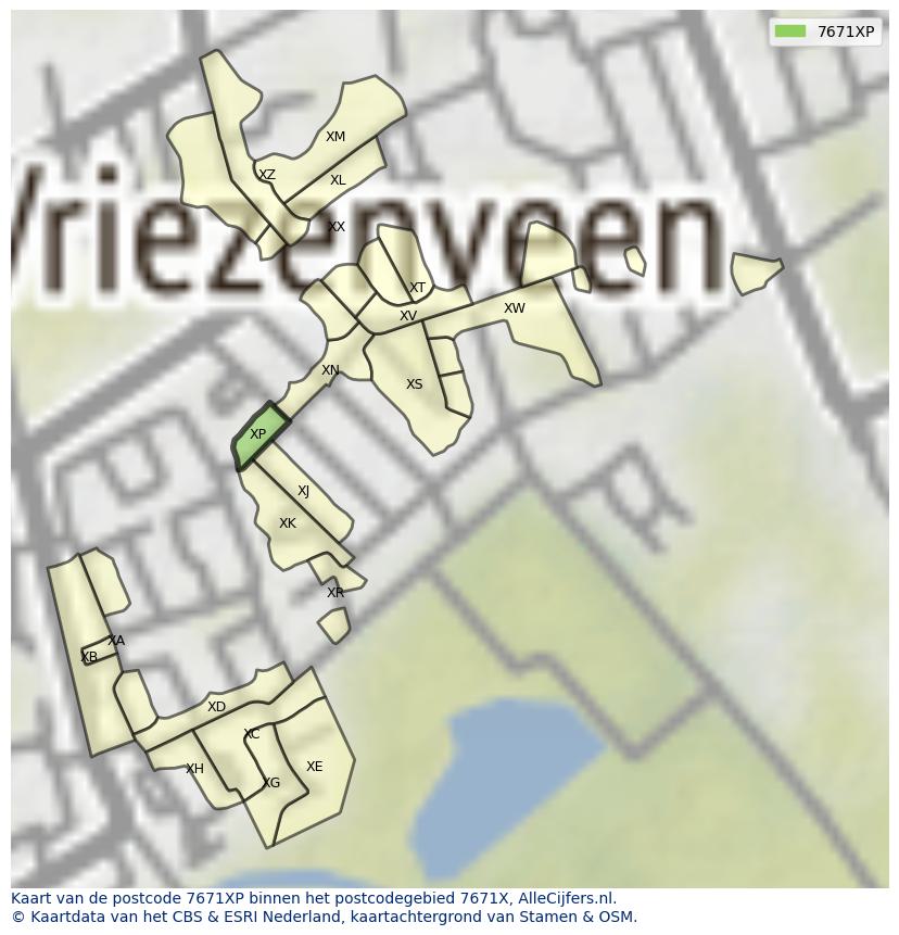 Afbeelding van het postcodegebied 7671 XP op de kaart.