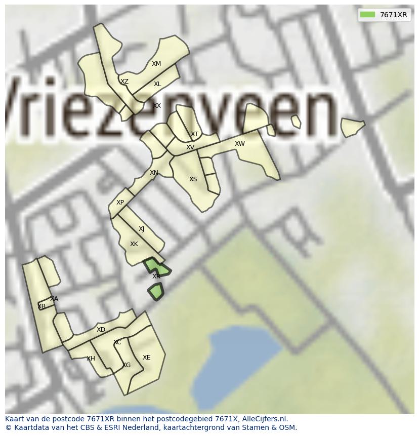 Afbeelding van het postcodegebied 7671 XR op de kaart.