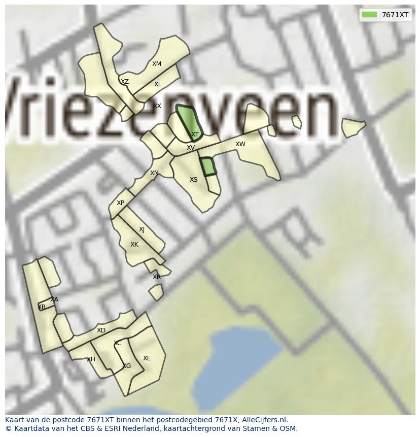Afbeelding van het postcodegebied 7671 XT op de kaart.
