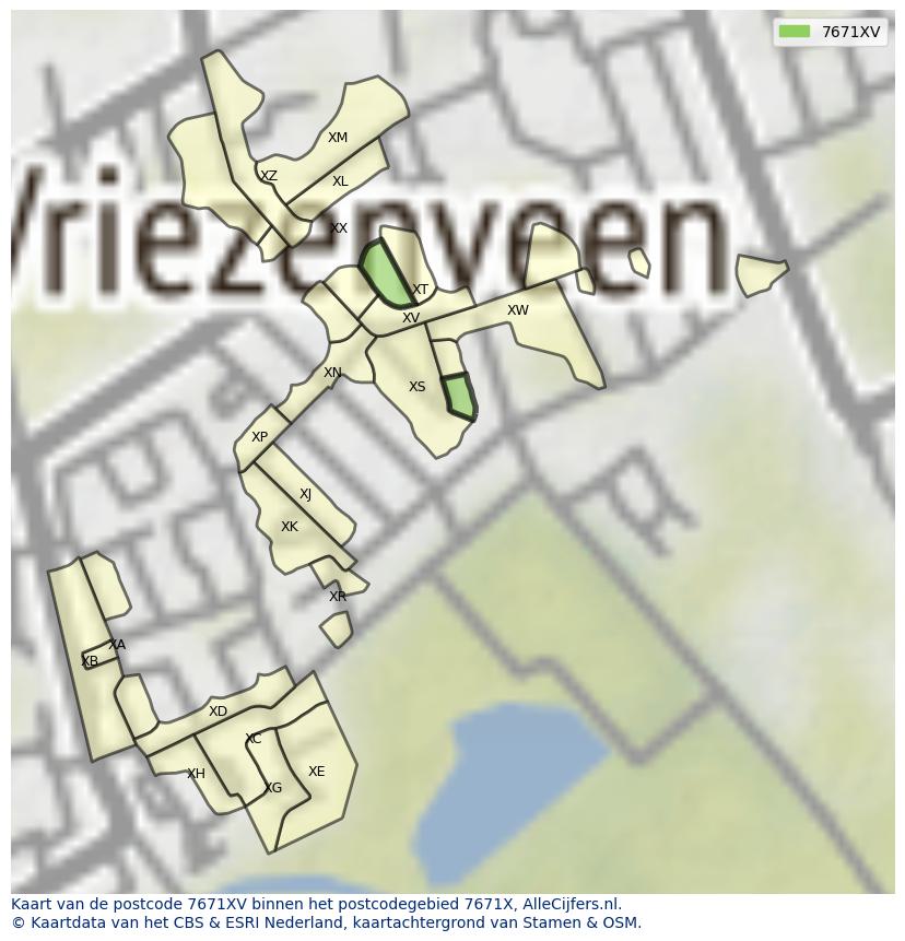 Afbeelding van het postcodegebied 7671 XV op de kaart.