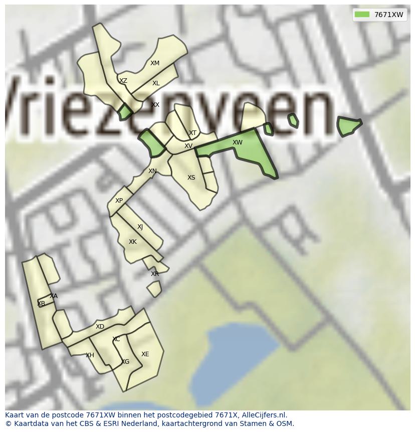 Afbeelding van het postcodegebied 7671 XW op de kaart.