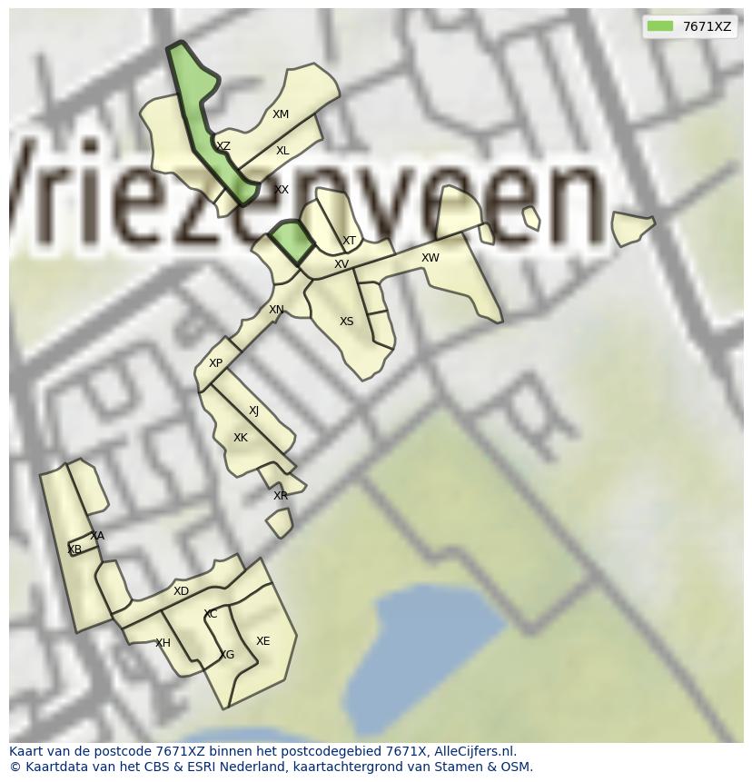 Afbeelding van het postcodegebied 7671 XZ op de kaart.