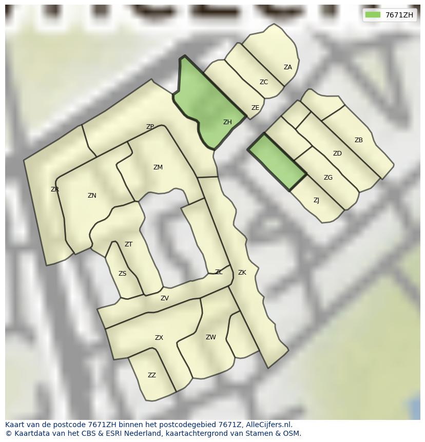 Afbeelding van het postcodegebied 7671 ZH op de kaart.