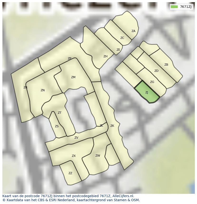 Afbeelding van het postcodegebied 7671 ZJ op de kaart.