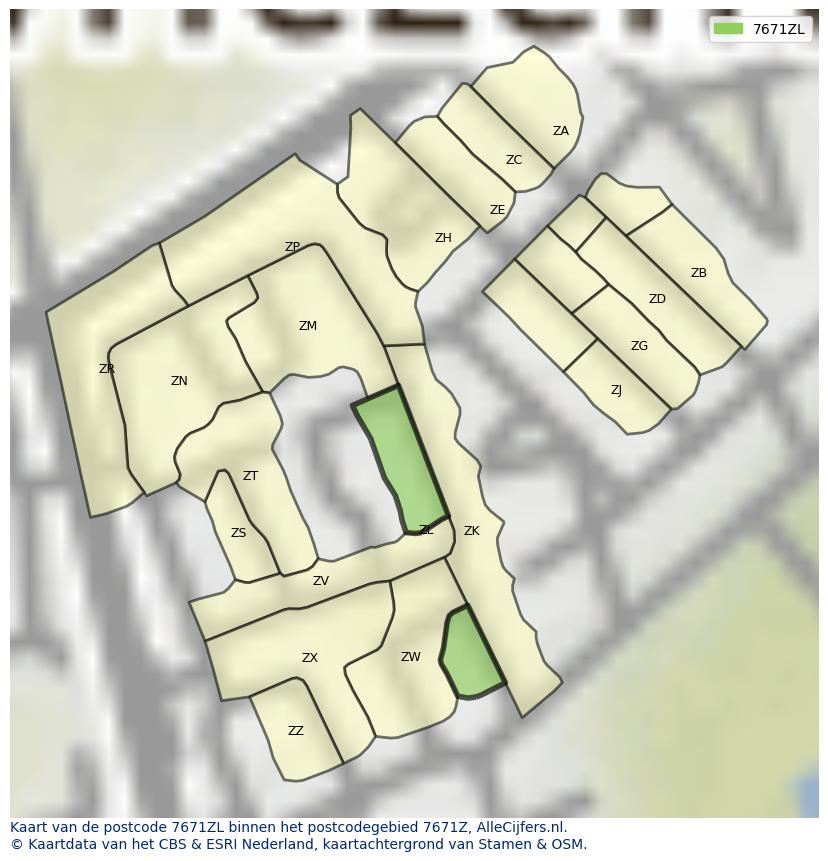 Afbeelding van het postcodegebied 7671 ZL op de kaart.