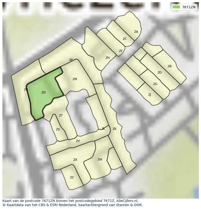 Afbeelding van het postcodegebied 7671 ZN op de kaart.