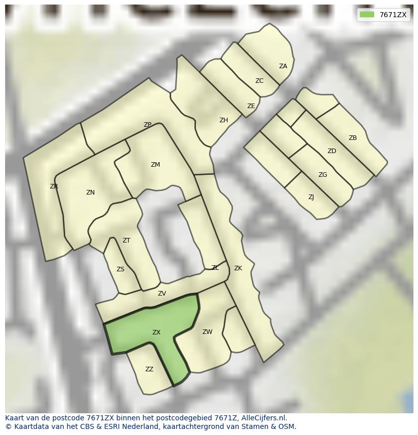 Afbeelding van het postcodegebied 7671 ZX op de kaart.