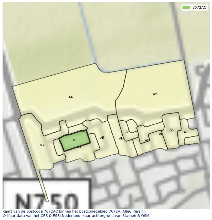 Afbeelding van het postcodegebied 7672 AC op de kaart.
