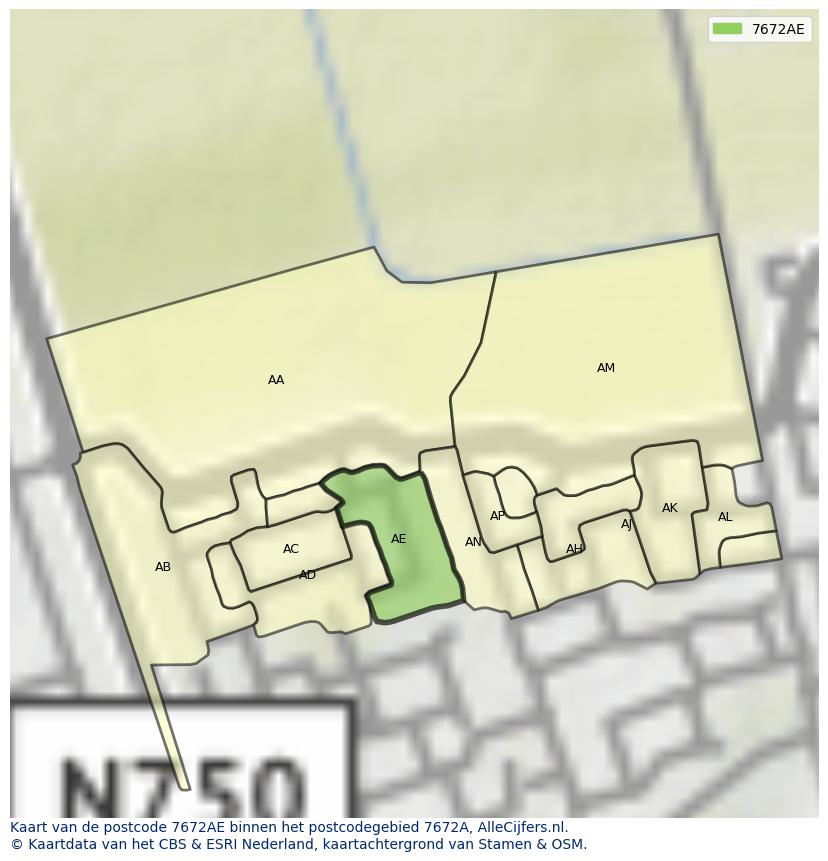 Afbeelding van het postcodegebied 7672 AE op de kaart.