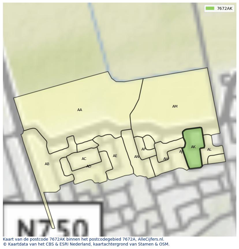 Afbeelding van het postcodegebied 7672 AK op de kaart.