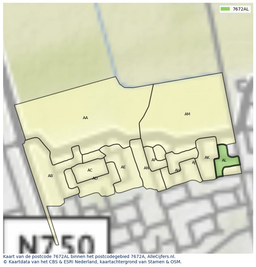Afbeelding van het postcodegebied 7672 AL op de kaart.