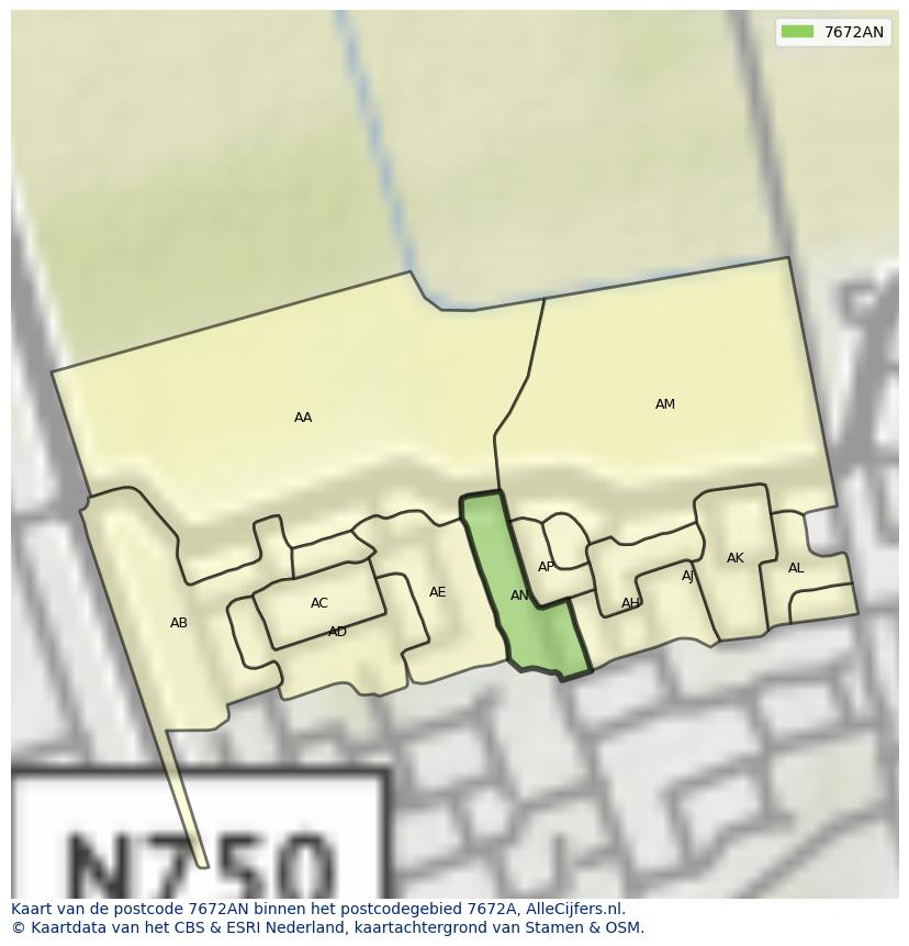 Afbeelding van het postcodegebied 7672 AN op de kaart.
