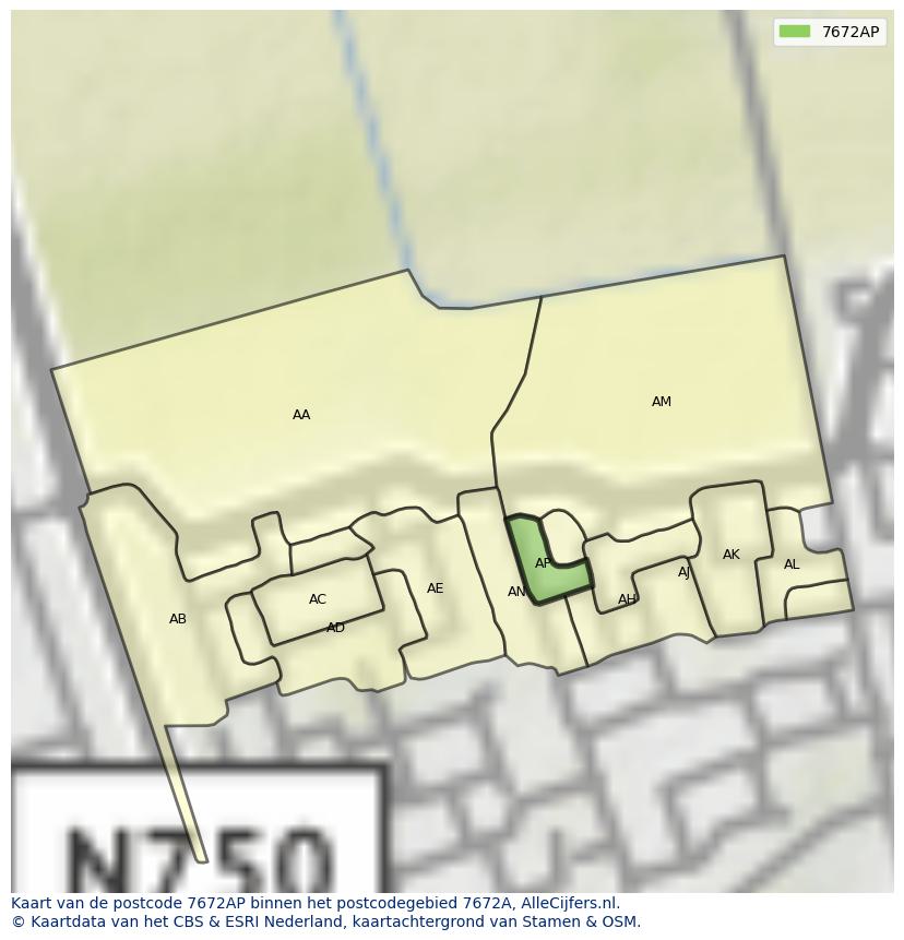 Afbeelding van het postcodegebied 7672 AP op de kaart.