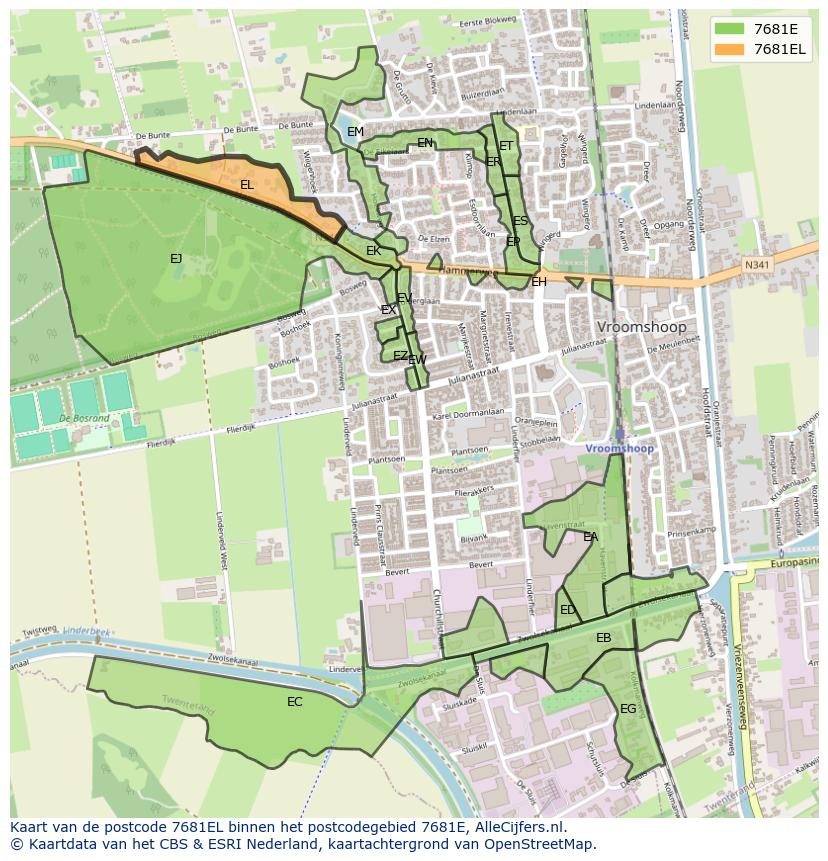 Afbeelding van het postcodegebied 7681 EL op de kaart.