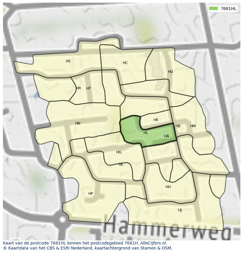Afbeelding van het postcodegebied 7681 HL op de kaart.