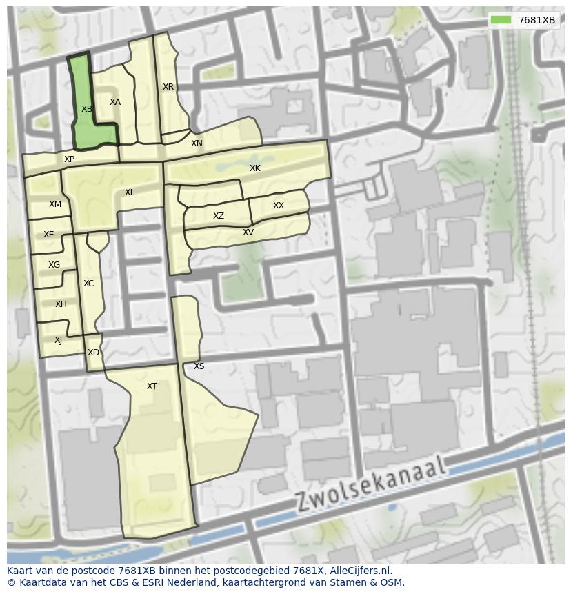 Afbeelding van het postcodegebied 7681 XB op de kaart.