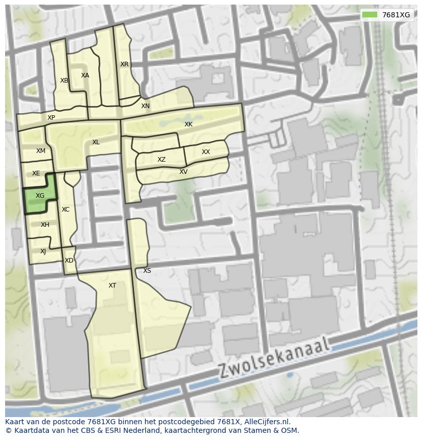 Afbeelding van het postcodegebied 7681 XG op de kaart.