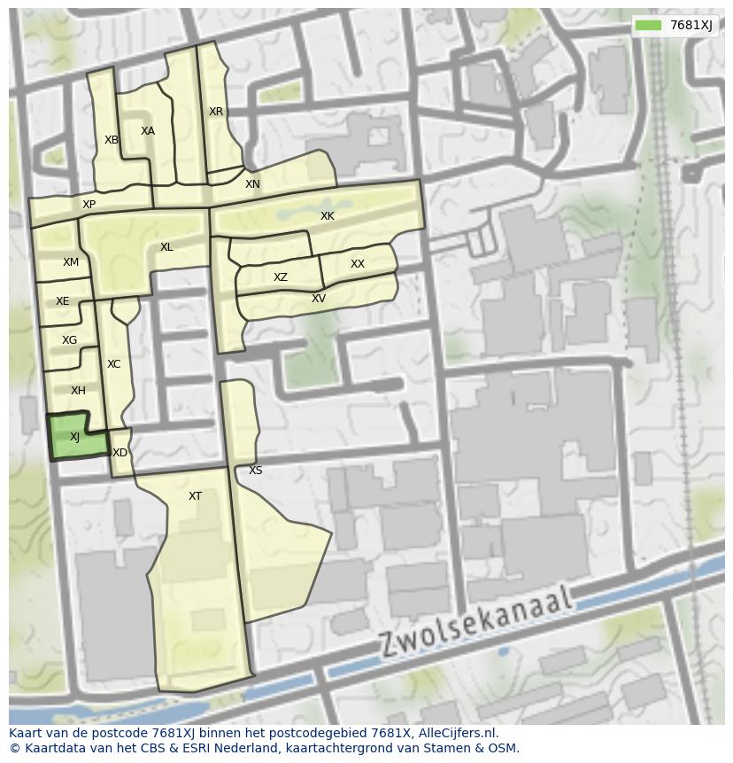 Afbeelding van het postcodegebied 7681 XJ op de kaart.