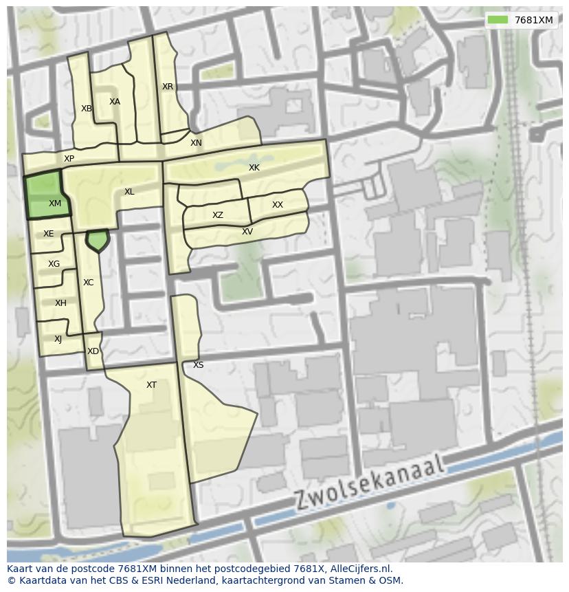 Afbeelding van het postcodegebied 7681 XM op de kaart.