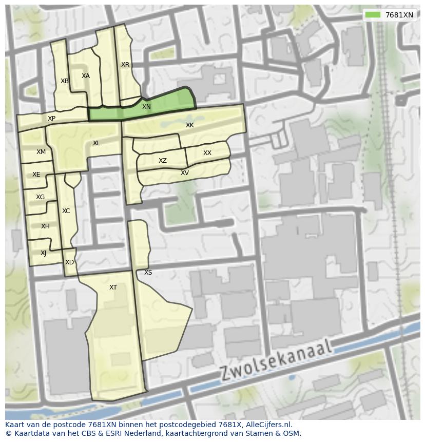 Afbeelding van het postcodegebied 7681 XN op de kaart.