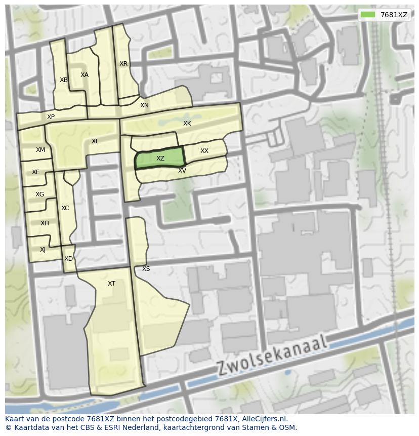 Afbeelding van het postcodegebied 7681 XZ op de kaart.