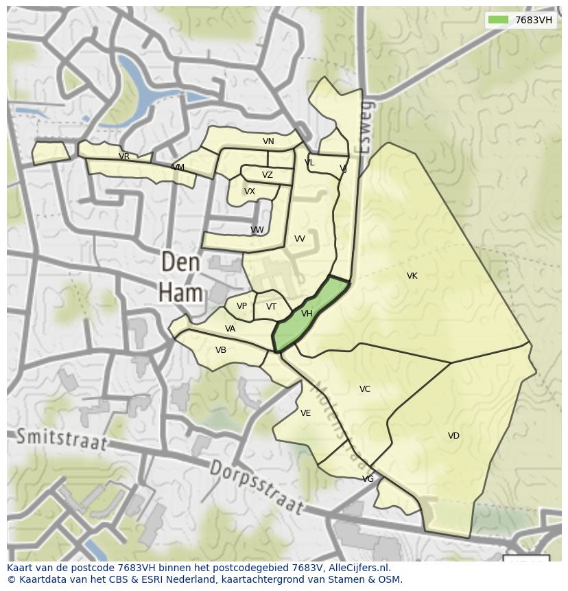 Afbeelding van het postcodegebied 7683 VH op de kaart.