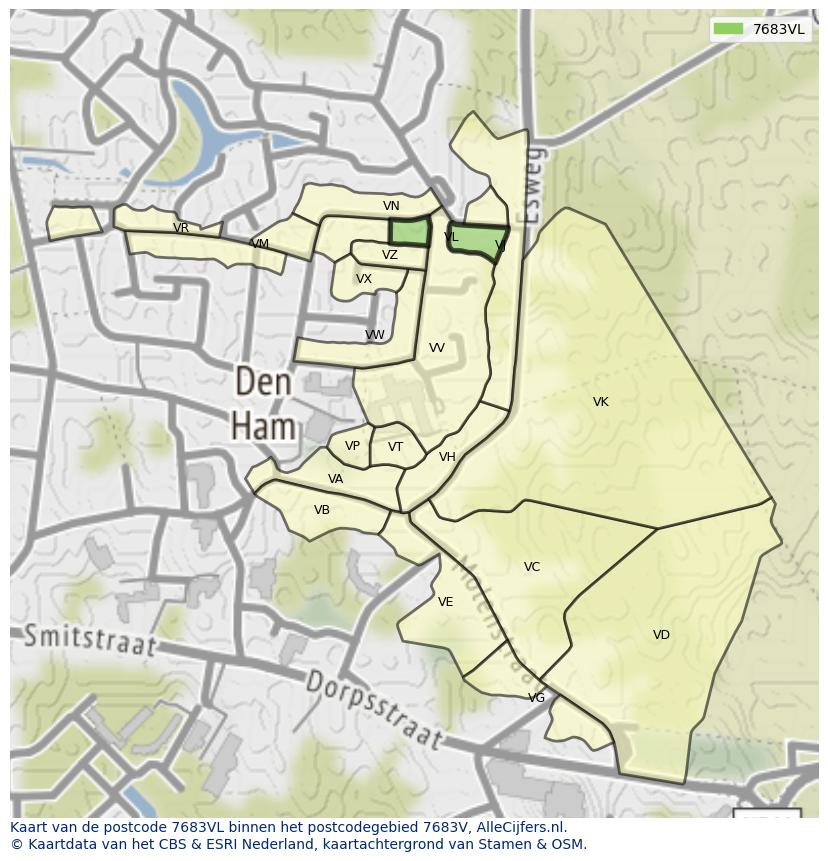 Afbeelding van het postcodegebied 7683 VL op de kaart.