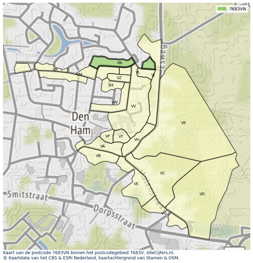 Afbeelding van het postcodegebied 7683 VN op de kaart.