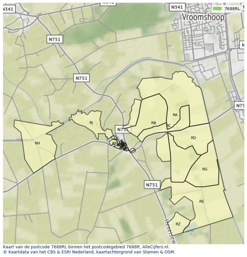 Afbeelding van het postcodegebied 7688 RL op de kaart.