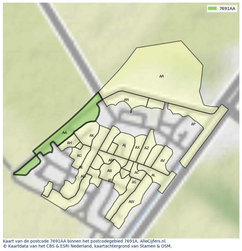 Afbeelding van het postcodegebied 7691 AA op de kaart.