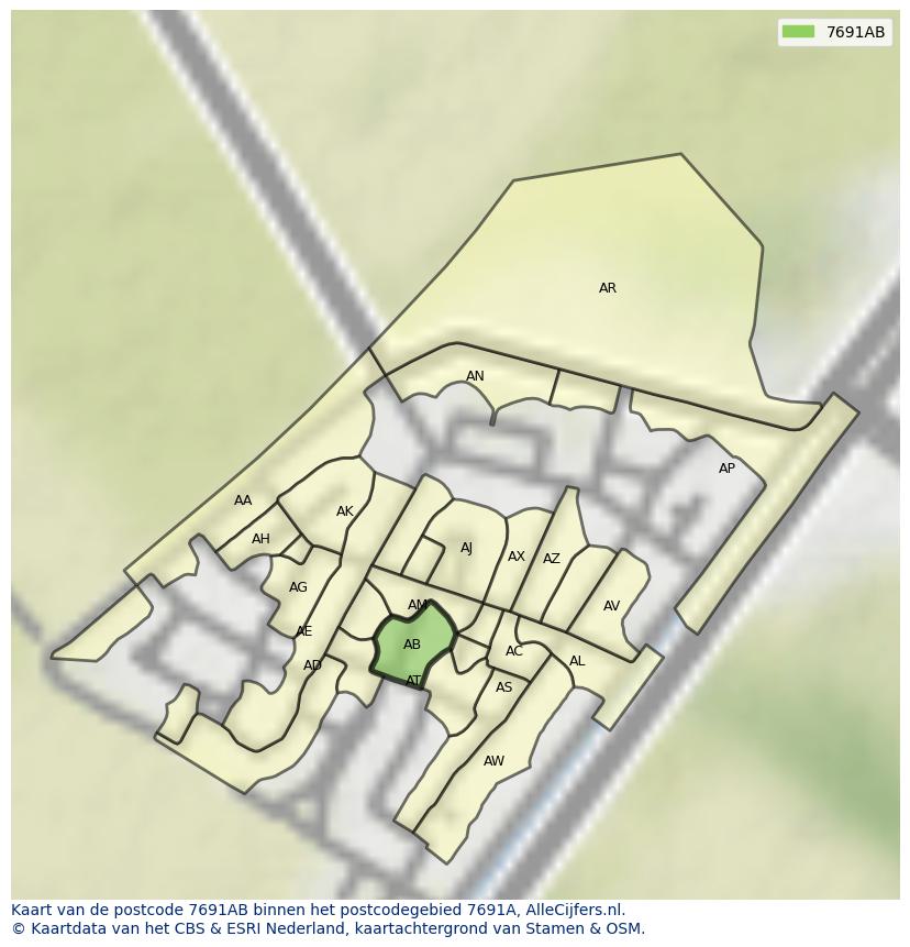 Afbeelding van het postcodegebied 7691 AB op de kaart.