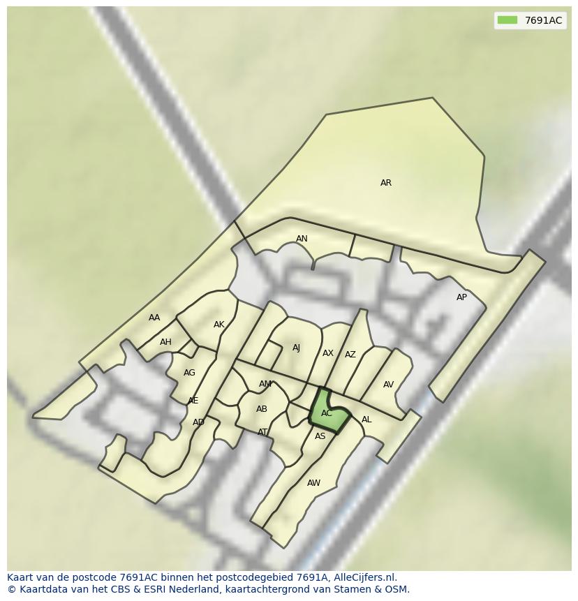 Afbeelding van het postcodegebied 7691 AC op de kaart.