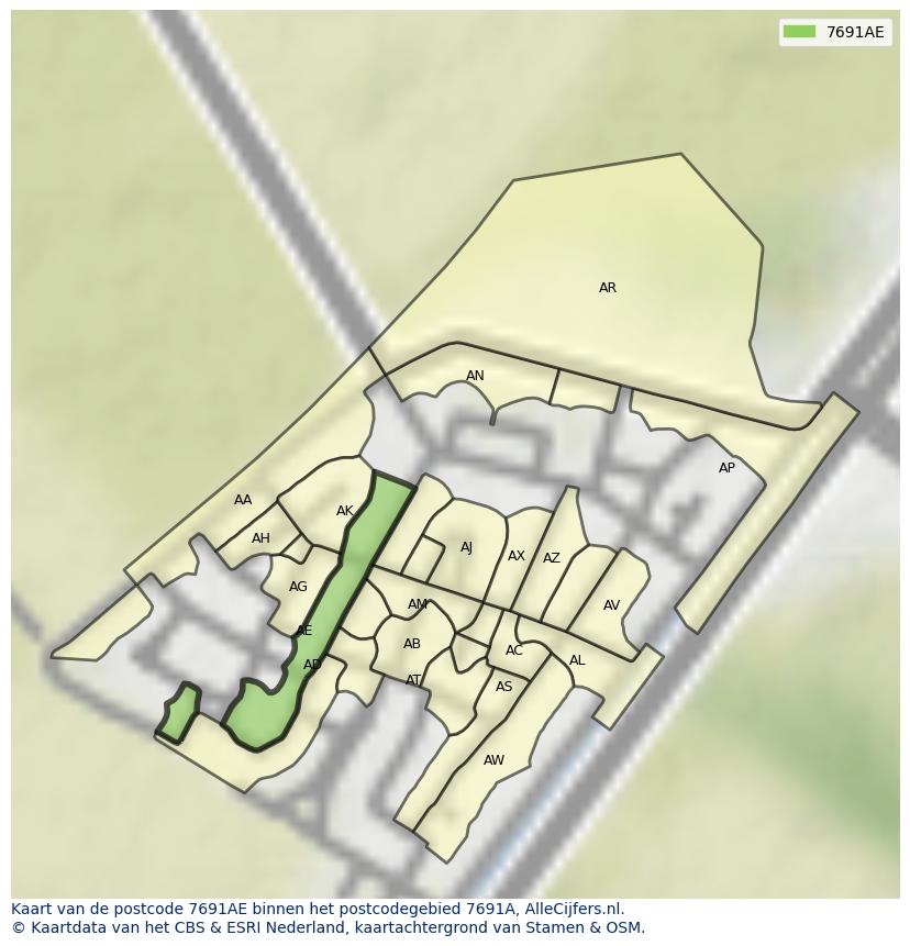 Afbeelding van het postcodegebied 7691 AE op de kaart.