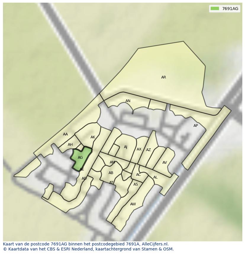 Afbeelding van het postcodegebied 7691 AG op de kaart.