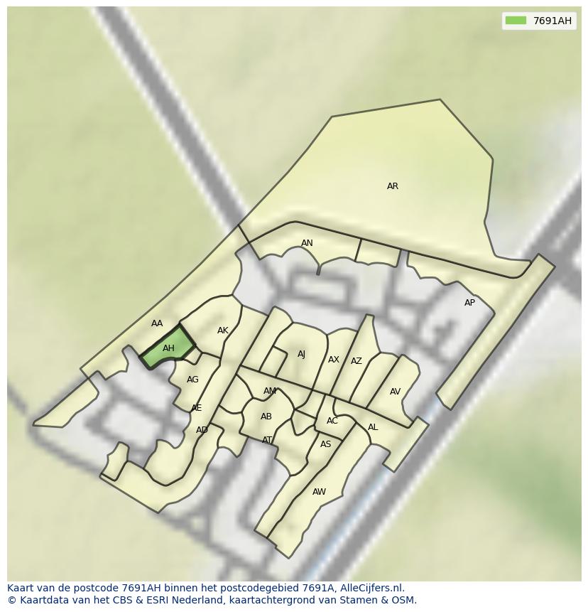Afbeelding van het postcodegebied 7691 AH op de kaart.