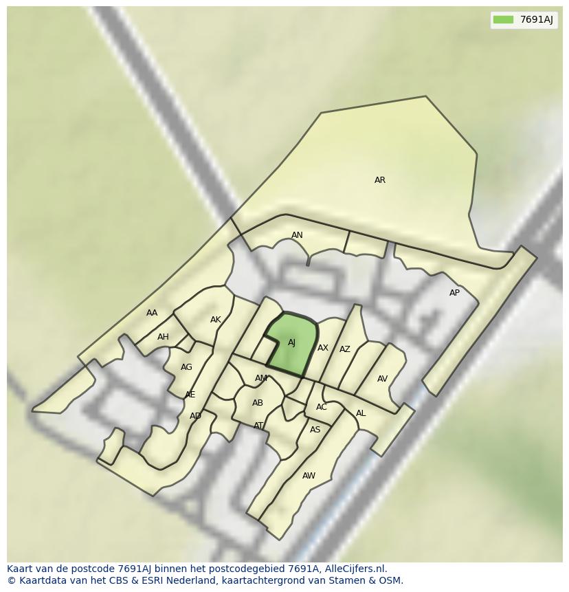 Afbeelding van het postcodegebied 7691 AJ op de kaart.