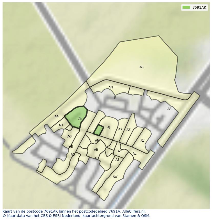 Afbeelding van het postcodegebied 7691 AK op de kaart.