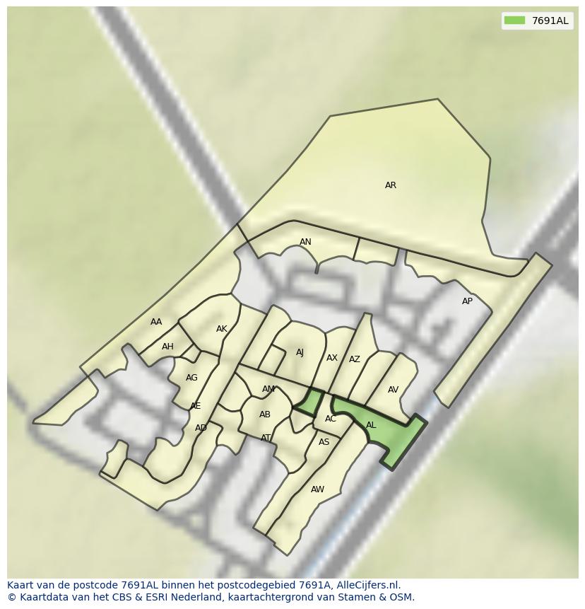 Afbeelding van het postcodegebied 7691 AL op de kaart.